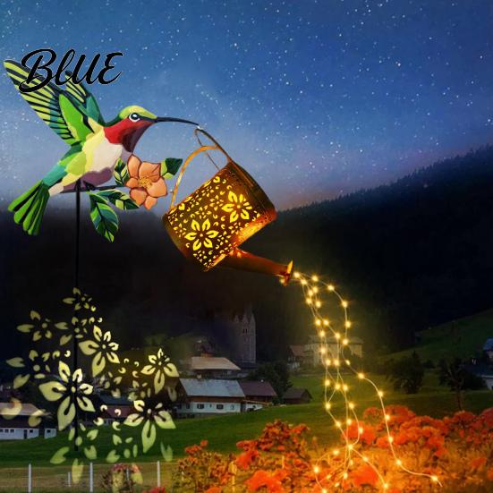 Backyard Decorative Lighting Solar Watering Can Garden Light Metal Hollow-Out Hummingbird Shepherd Hook Lights Outdoor Spike Lamp for Lawn Pathway