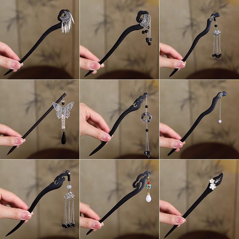 High-End Chinese Wooden Hairpin with Tassels – Ancient Style Ebony Faux for Women