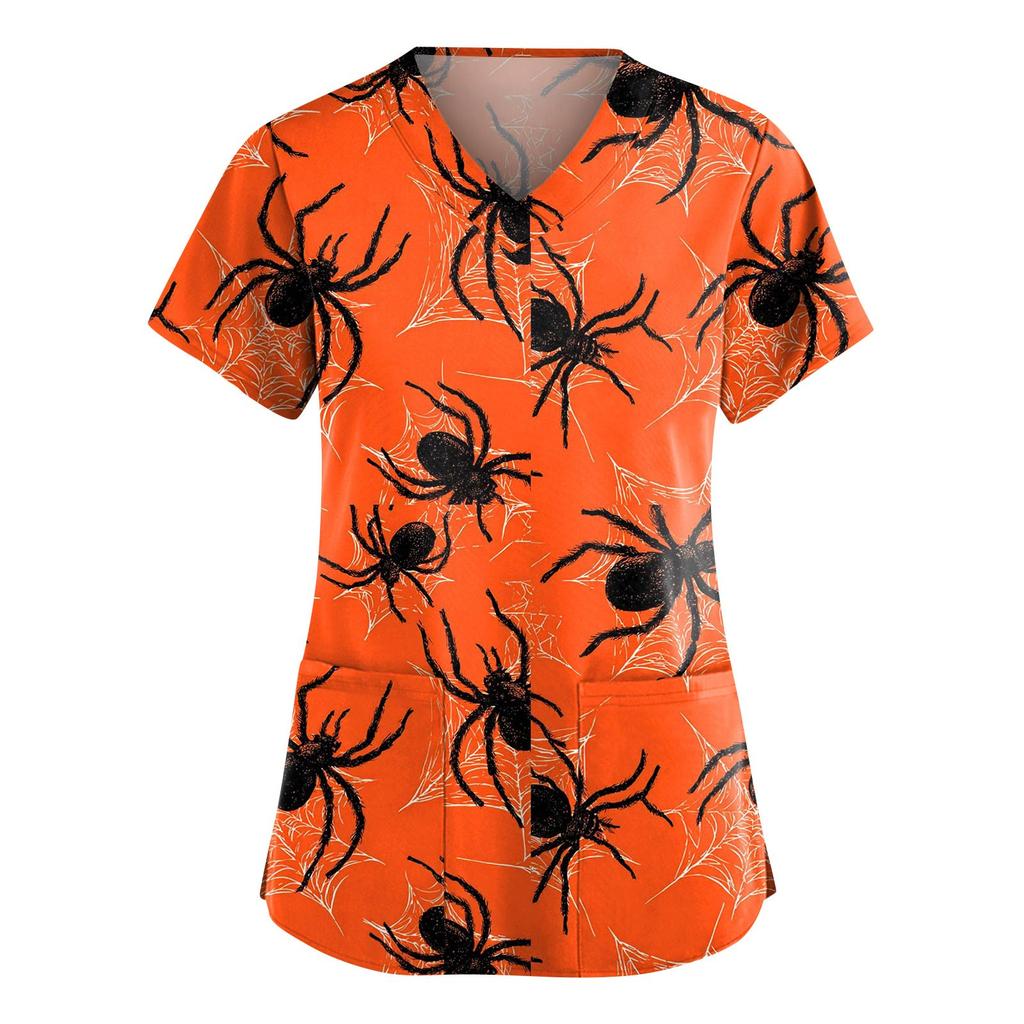 Women's Fashion V-Neck Short Sleeve Overalls With Pockets Halloween Printed Tops  Apparel