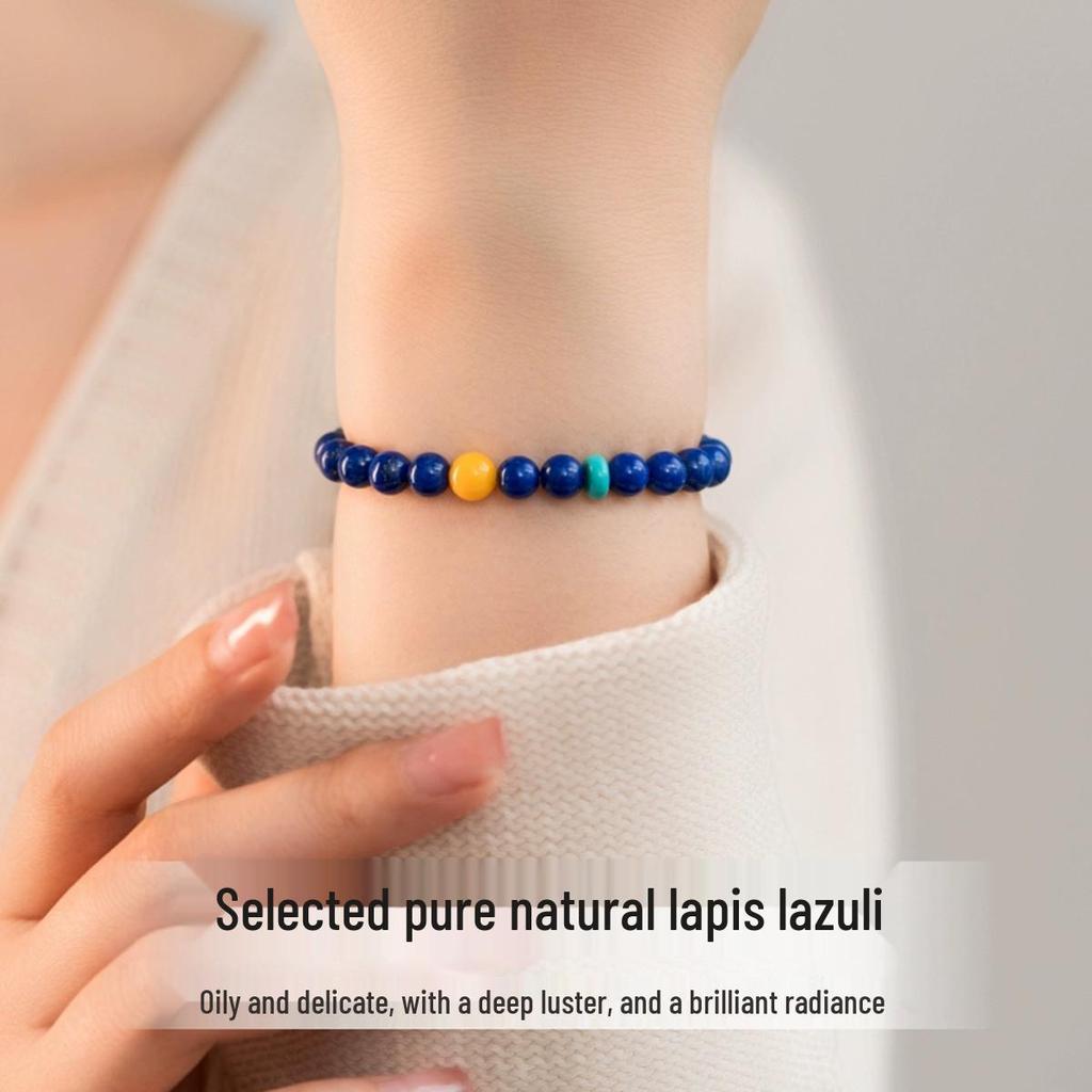 Cyan Blue Lapis Lazuli & Amber Beaded Bracelet