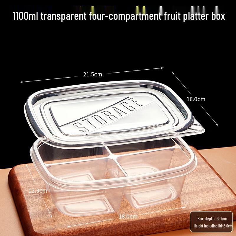 COFLYEE Disposable 4-Compartment Fruit Bento Boxes with Lids, 1100ml