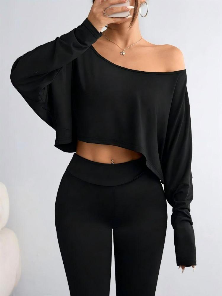2026 Women'S Black Long Sleeve Blouse T-shirt Casual Asymmetrical Neck Strapless Top for Sporty