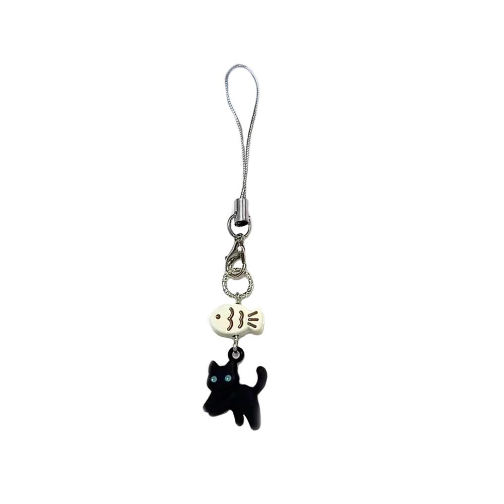 Porte-clés Chat Noir Mignon Chaîne de Téléphone Portable Dessin Animé Pendentif pour Appareil Photo Écouteurs Chaîne Décorative de Sac Porte-clés Kawaii Accessoires