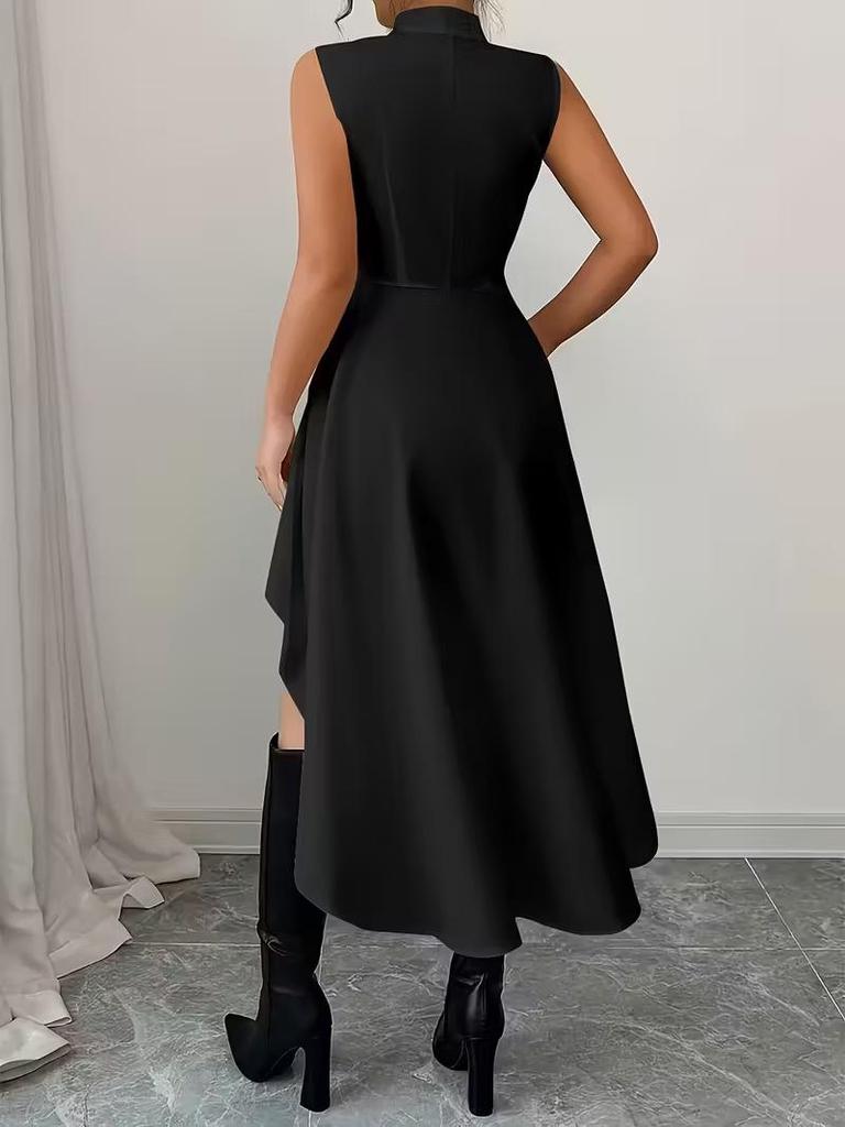 Women's Stand Collar Sleeveless High-Low Hem Shirt with Cinched Waist