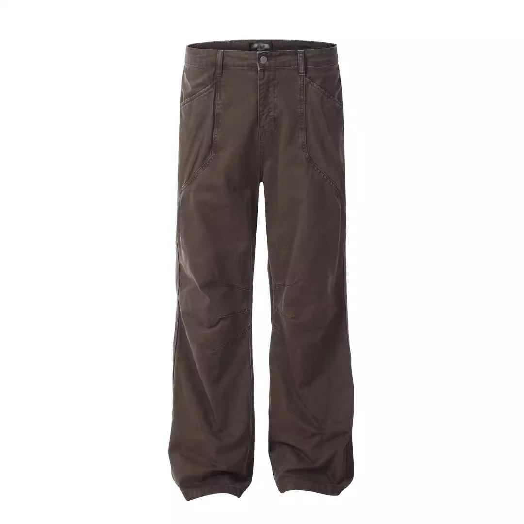 

2026 Men Soild Color Cargo Pants Men High Street Comfortable Loose Fit Wide Leg Pants Side Pockets Trousers Man Workwear Pants M темно-коричневого