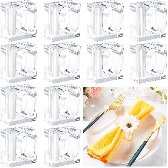 Flower Napkin Rings Clear Acrylic Napkin Holder Rings Bulk Square Flower Bud Vase Combo for Wedding, Birthday Banquet Table Decor, 1.77 x 1.97