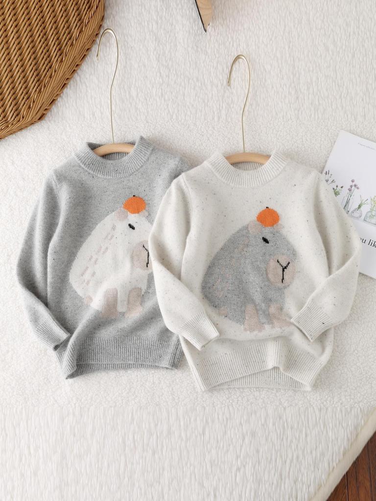 Hochwertiger 100% reine Wolle Kinder Pullover mit halbem Rollkragen Capybara Strick - Doppelfaden Verdickt