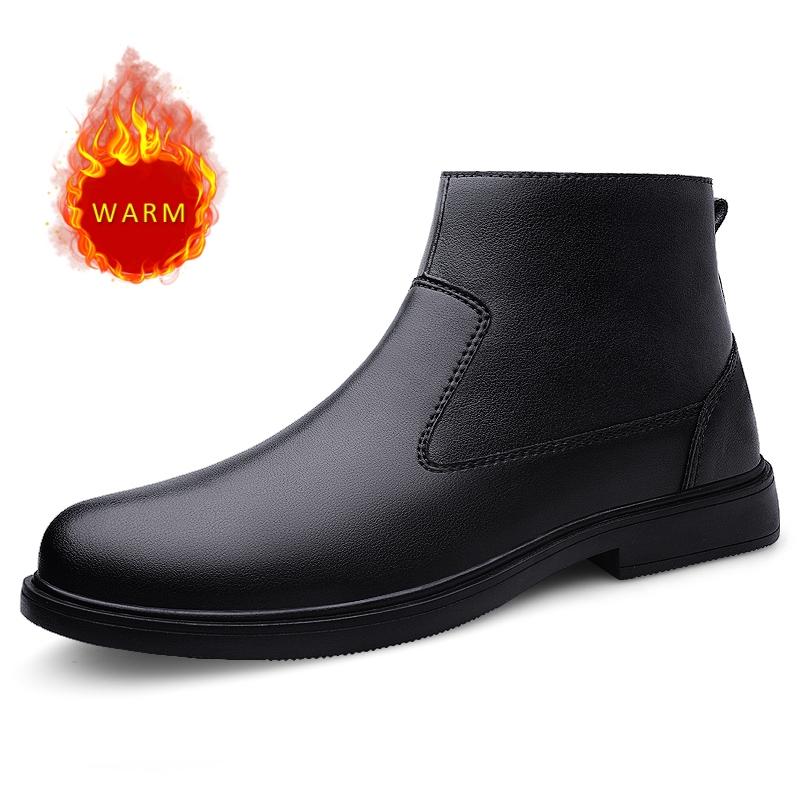 Fashion 2024 Men's Fashionable Leather Boots Autumn and Winter High-top Sleeve Cowhide Side Zipper Large Pile Warm Cotton Boots