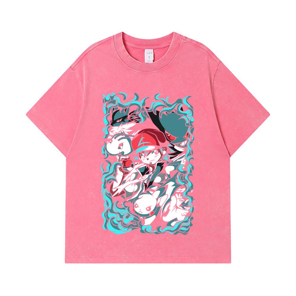 275 GSM Washed T-shirts 100% Cotton Pokemon V26 Print Unisex Heavy Cotton T Shirt