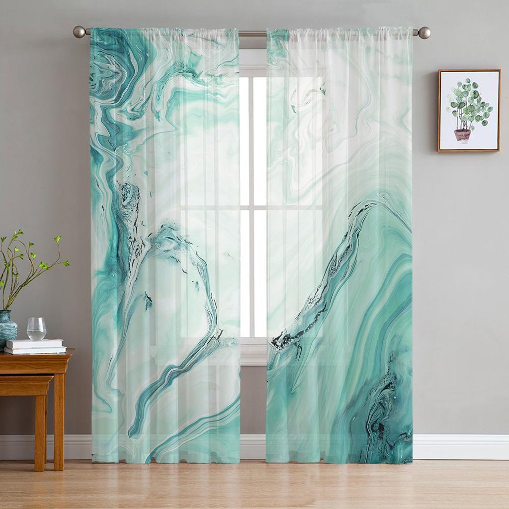 Marble Texture Turquoise Sheer Curtains for Living Room Decoration Window Curtains for Kitchen Tulle Voile Organza Curtains