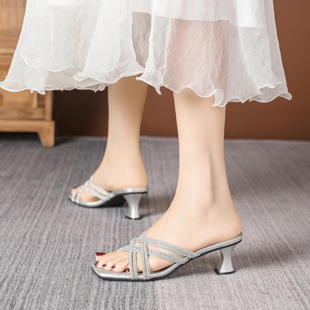 Fashion Crystal Narrow Cross Band Women Slippers High Heels Party Shoes Woman Luxury Rhinestone Summer Slides Strange Heel Sandalias