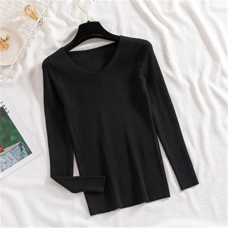 

Женские пуловеры на весну и осень, вязаные свитера, рубашка для начинающих, с длинным рукавом, с v-образным вырезом в полоску, тонкие топы, однотонные топы, один размер One Size чёрный