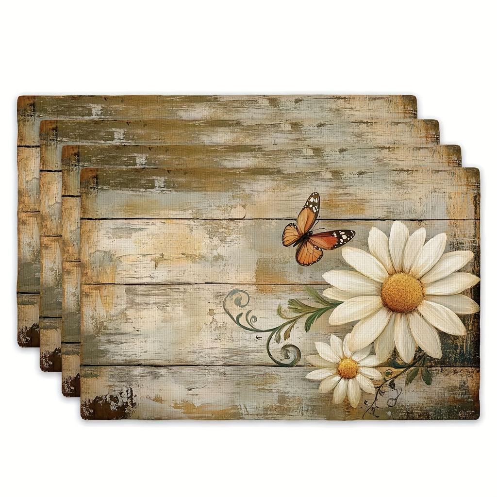 4/6pcs Butterfly Daisy and Mottled Wood Plank Spring Summer Placemats, Kitchen Rectangular Table Mats 12x18 Inches, Suitable for Family Kitchen Party