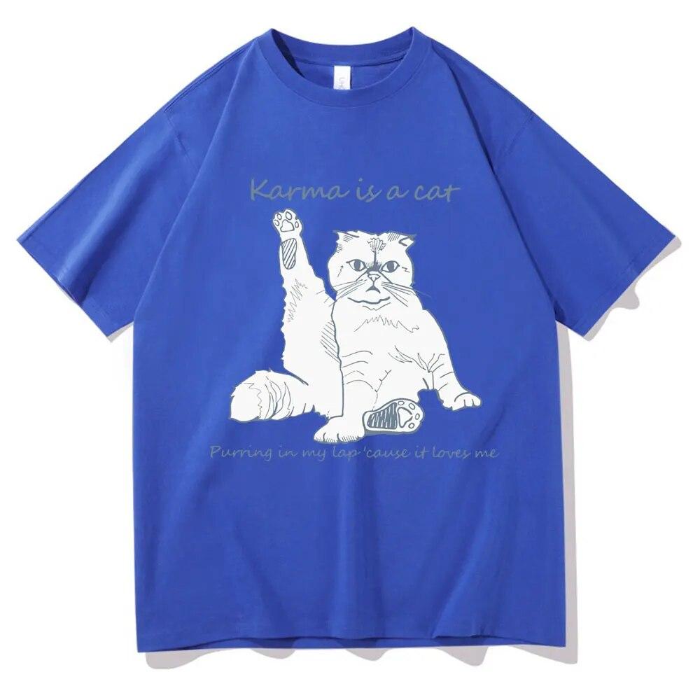 Karma Is A Cat T-skjorte med grafisk trykk Unisex kvinner Uformell Søte T-skjorter i bomull Overdimensjonerte par Kortermet Streetwear-gaver