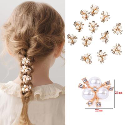 10 Flower-shaped Pearl Button Hairpins; Crystal Rhinestone Headwear Clips; Sparkling Button Accessories.