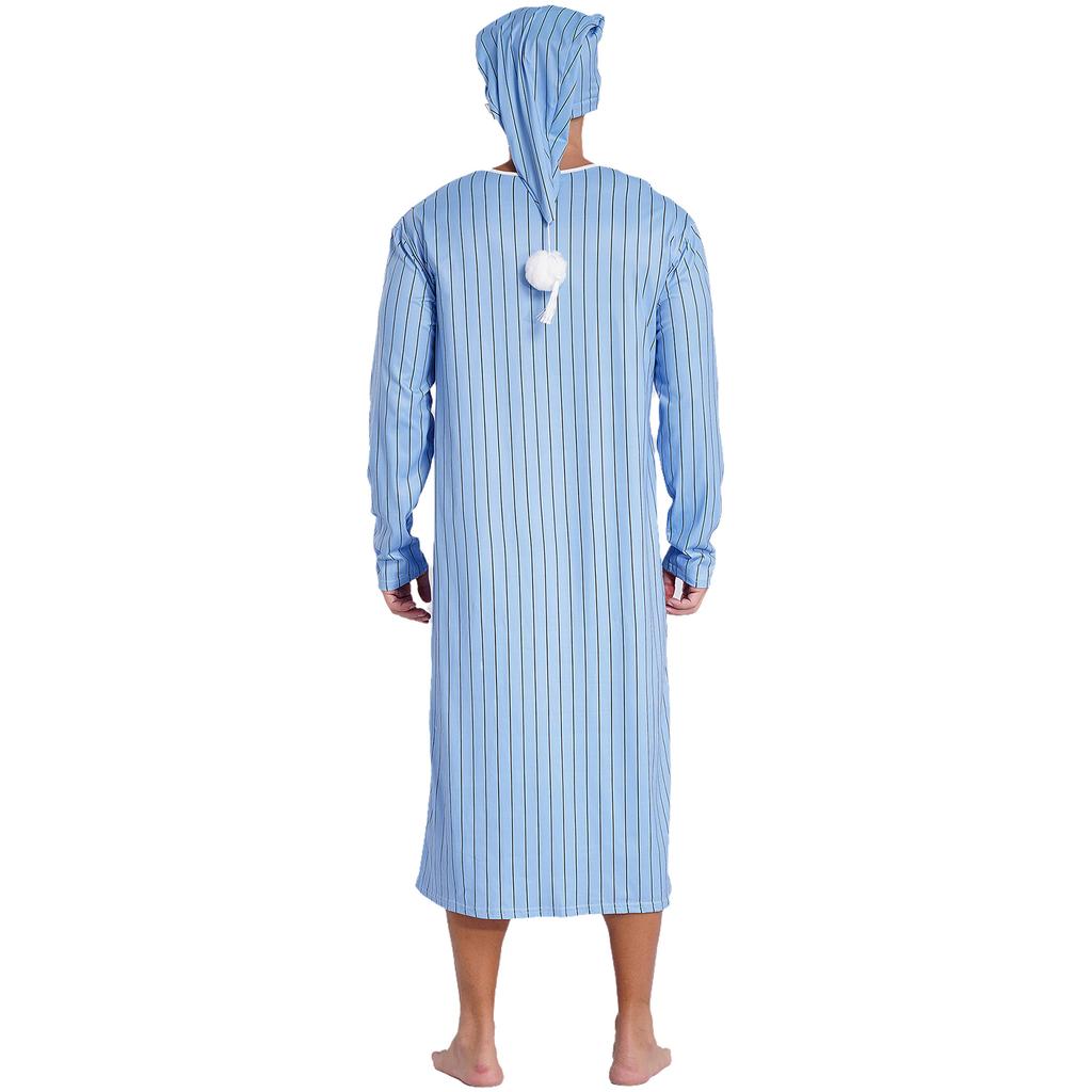 Mens Striped Nightgown Robe with Hat Long Sleeve Full Length Pompom Trim Adjustable Sleep Cap Arabian Pajamas
