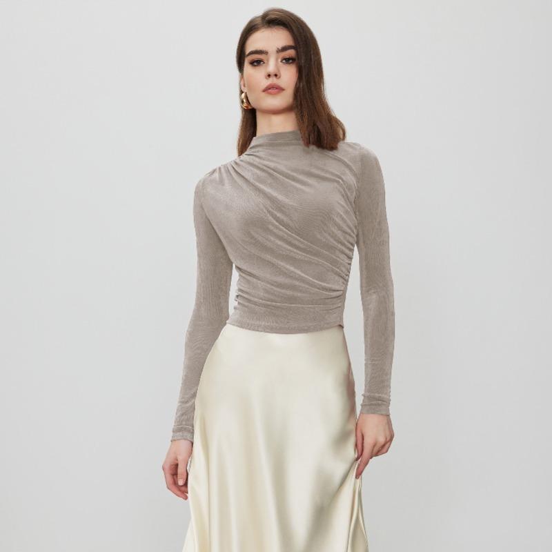 Autumn and Winter Slim Pullover Half High Neck Velvet Pleated Long Sleeve Top