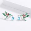 New Pastoral Color Plated White Gold Bird Enamel Earrings Water Drops Aquamarine Creative Retro Earrings