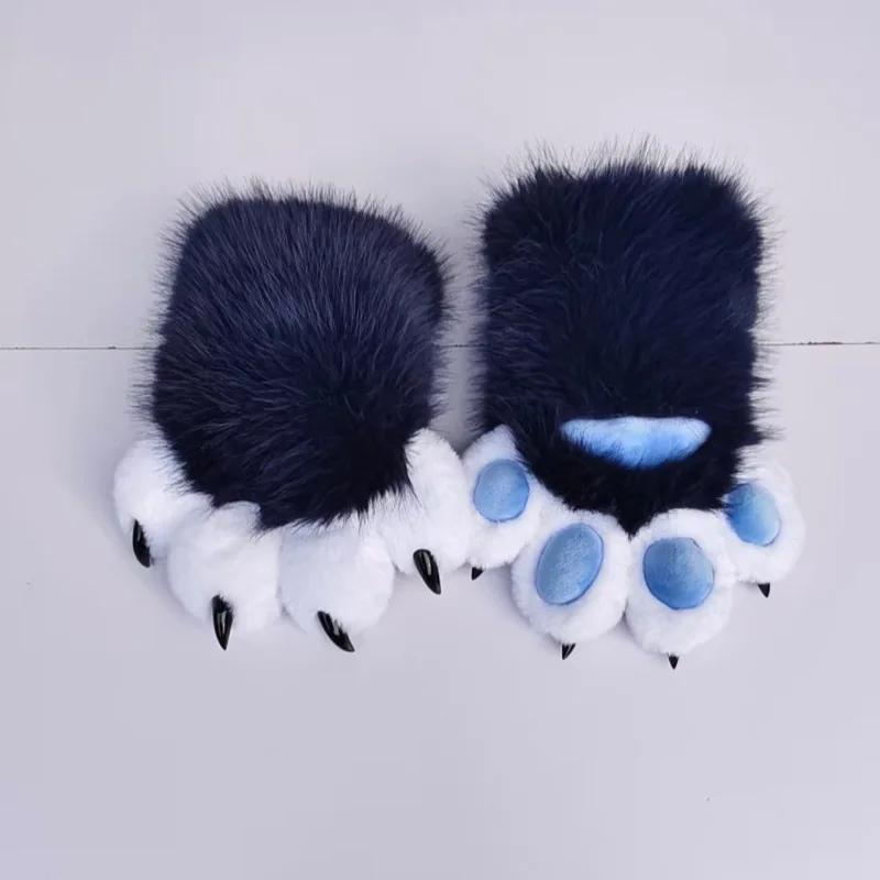 Leopard Print Plush Animal Paw Gloves Synthetic Fur Style Fursuit Hand Paws Cosplay Costume for Halloween Party