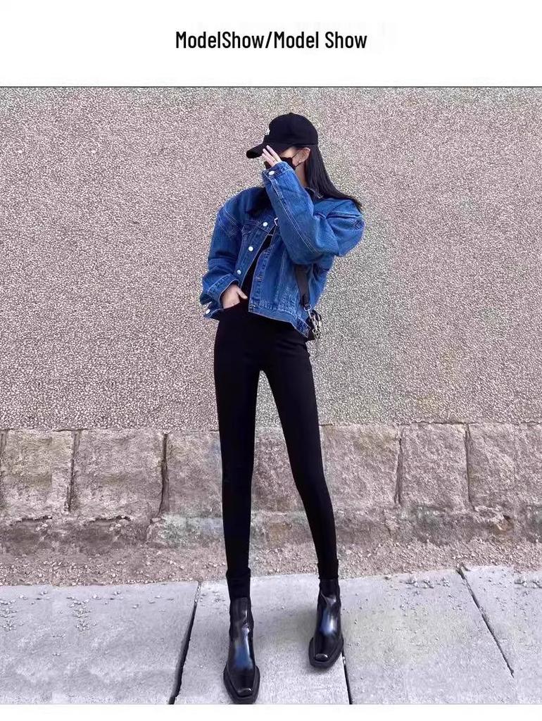 High-Waisted Black Base Layer Pants for Women - Plus Size, Thickened, Elastic, Perfect for Spring & Autumn, Ideal with Boots.