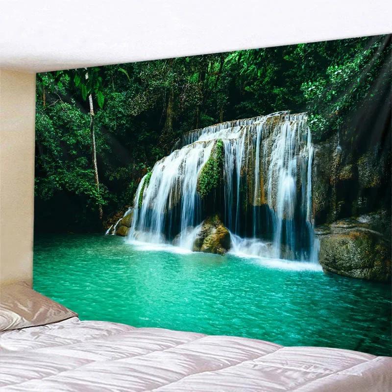 Beautiful Natural Landscape Large Tapestry Forest Waterfall Bohemian Wall Art Decoration Blanket Home Background Cloth Bedspread