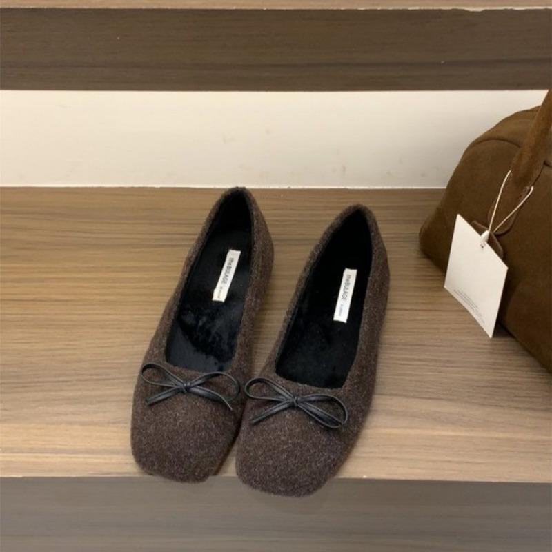 Fashion Women's Flat Shoes Winter New Square Head Shallow Mouth Butterfly Knot Soft Sole Anti-slip Wear-resistant Low-top Shoes