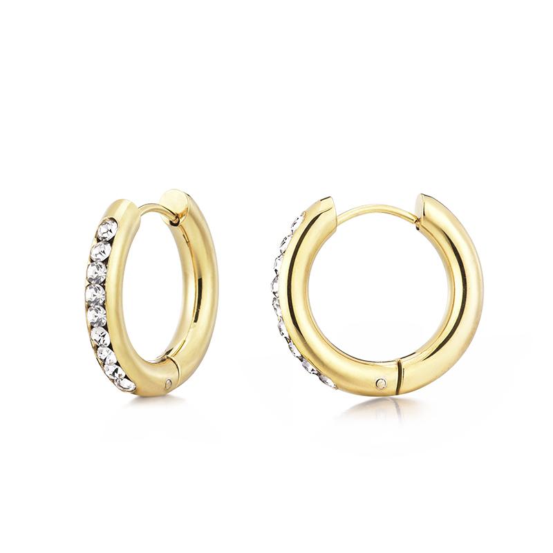 

Fashion Stainless Steel Crystal Inlay Round Hoop Earrings For Women Gold Copper Color Ear Buckle Classic Female Zircon Gift