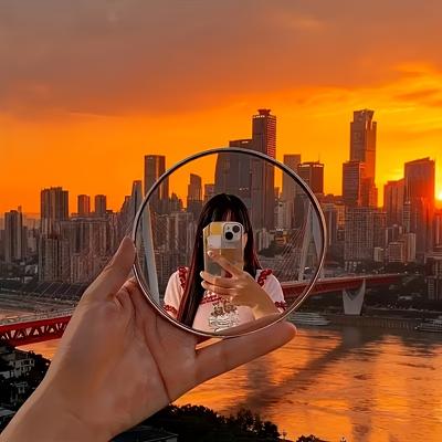 1pc Large Travel Compact Mirror, Selfie Travel Footprint Record Small Round Mirror, Handheld Photo Prop, Travel Photography Tool