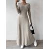Vestido Largo de Punto para Mujer con Cuello Redondo y Mangas Largas Ajustado Tiro Medio Elegante Liso de Corte A