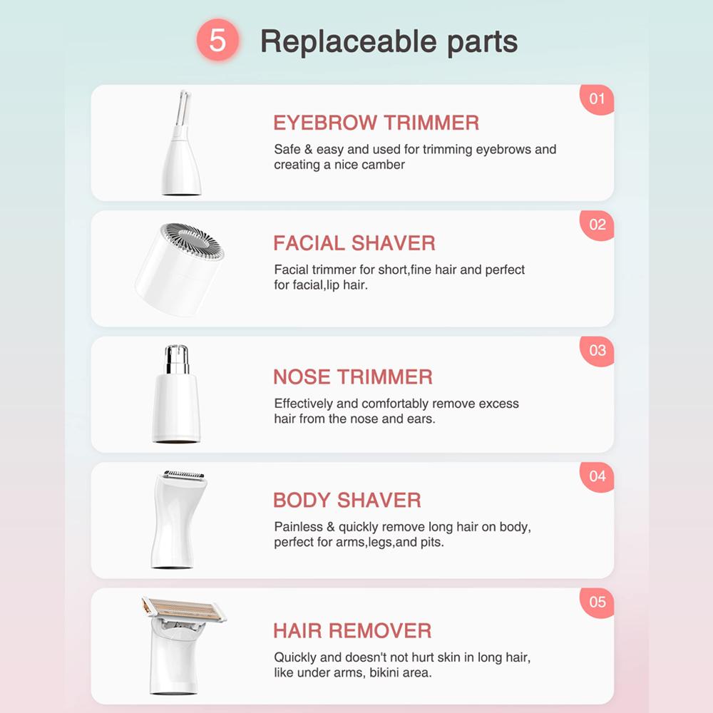 5 In 1 Electric Shaver Hair Removal For Ladies Bikini Trimmer Epilator Painless Razor For Body Face Eyebrow Arms Legs Pubic Hair