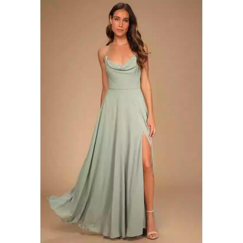 

Sexy Pile Collar Split Chiffon Dress Sling Light green M