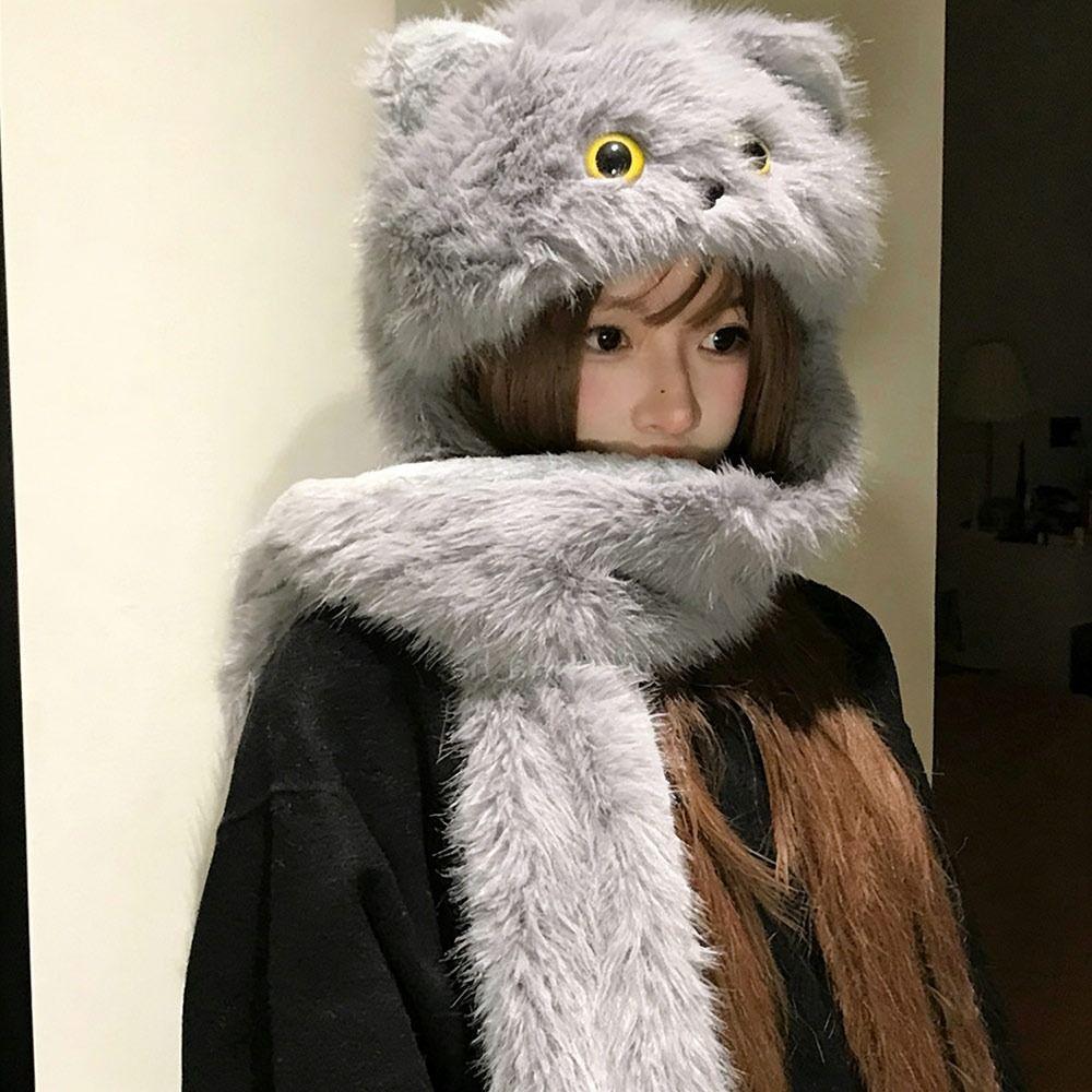 Plush Winter Hat Cute Cat Bucket Hat Thicken Beanie Hats  Women Girls