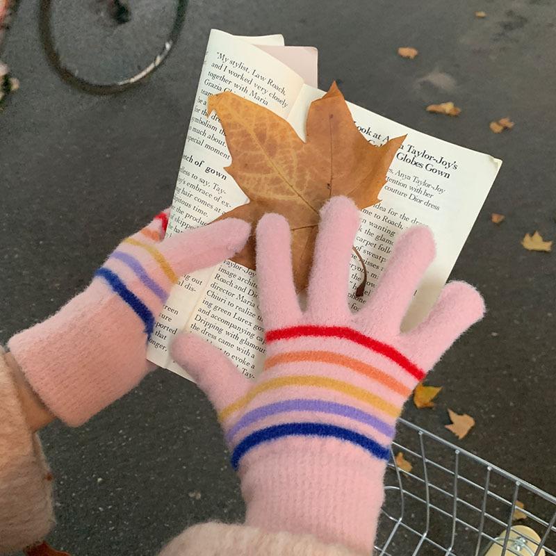 New Striped Five Finger All Inclusive Split Finger Gloves for Female Students In Winter Cycling Warm Windproof and Touch Screen Ski Gloves