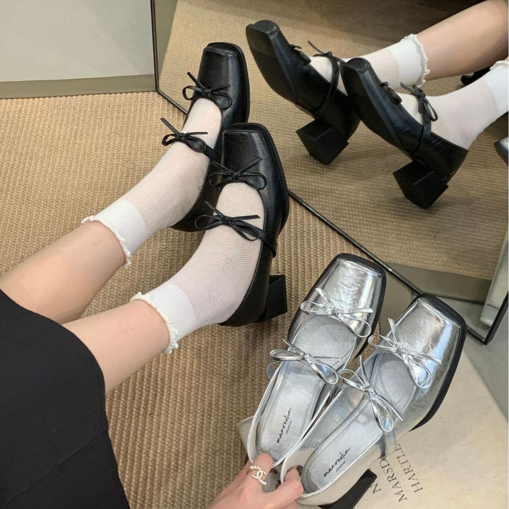 2025 New Square Head Bow Silver Word with Light Mouth Thick High Heel Thin Mary Jane Women's Shoes