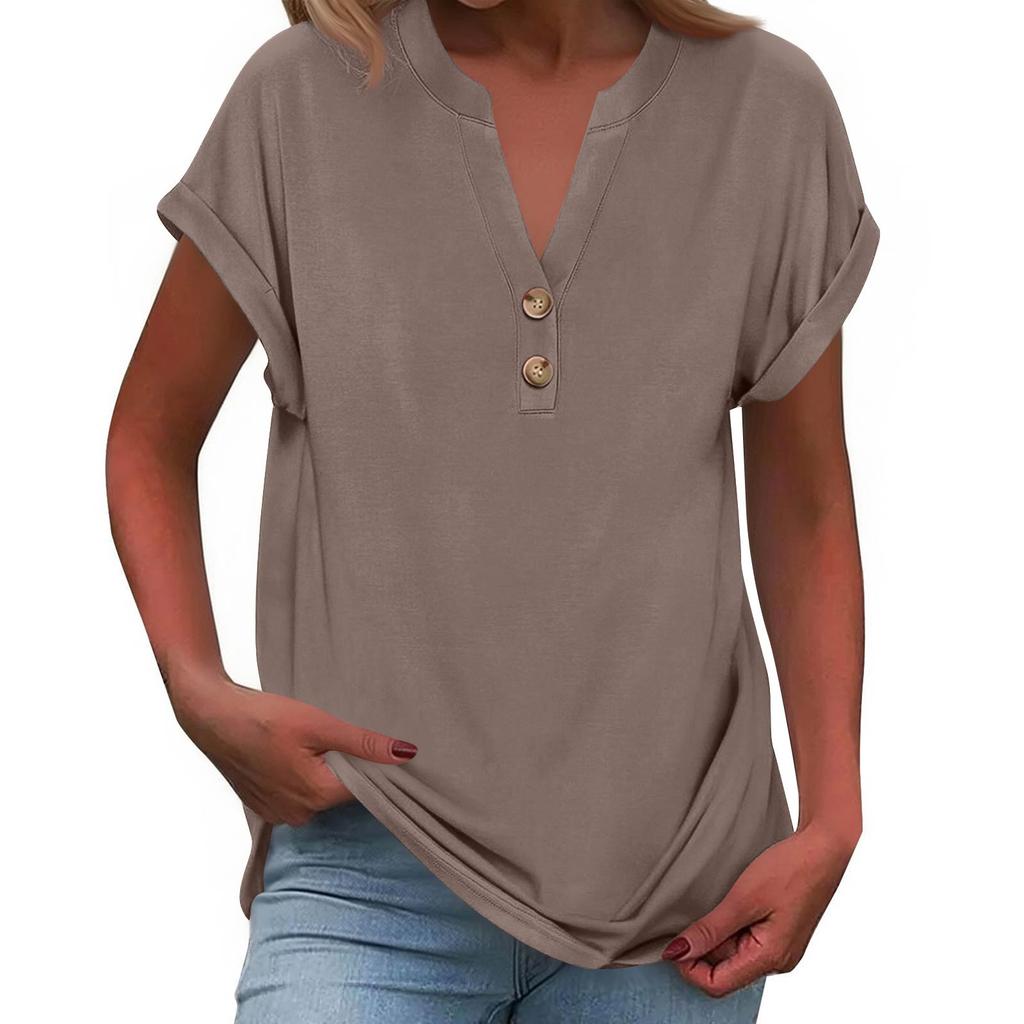 Women's Fashionable Casual Loose-Fit Short-Sleeved Button-Up V-Neck -Colour T-Shirt Top