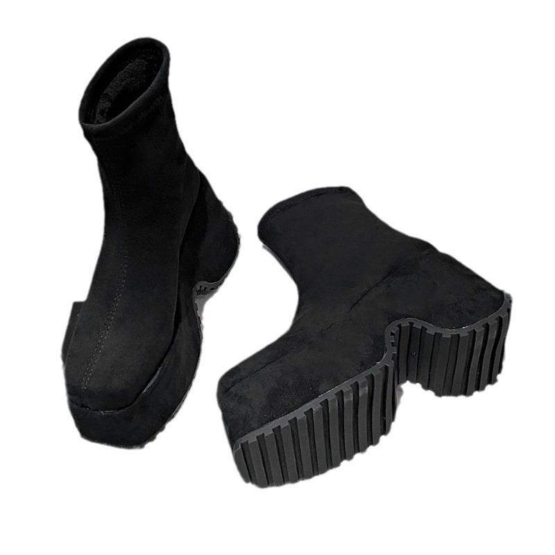 Black Elastic Short Thin Boots Women's 23 New Waterproof Table Martin Boots Autumn and Winter High-heeled Socks Boots