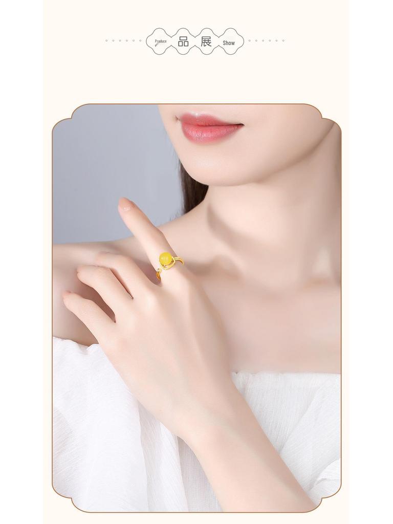 Elegant S925 Silver Amber Beeswax Adjustable Ring - Light Luxury