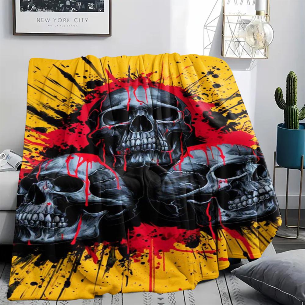 1Pc Skull Head Print Flannel Blanket, High Quality Comfortable for All Seasons, Home Decor, Warmth and Comfort, Perfect for Gifts