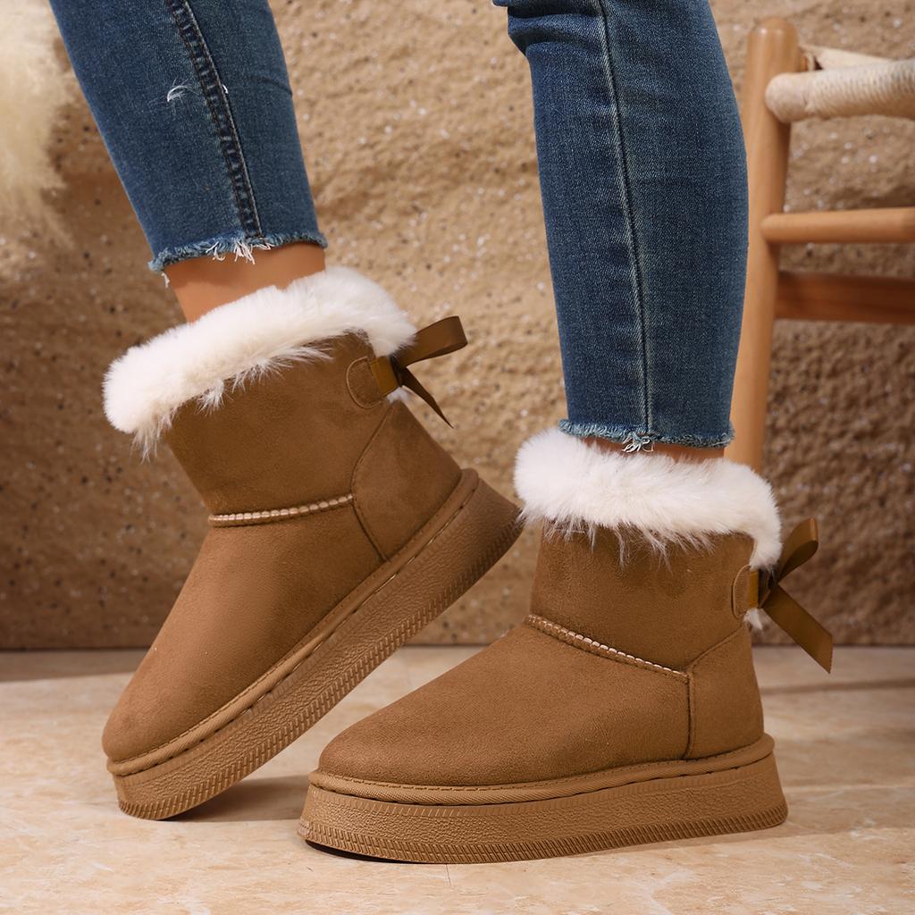 Ghete de zăpadă din lână și îngroșate cu o pedală 2025 iarnă nou cu gură pufoasă cu talpă groasă, cu fundă, calde, pantofi de bumbac de mărime mare