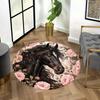 Black Horse Floral Round Rug Flancel Elegant Animal Print Floor Mat Living Room Bedroom Decor Rose Garden Soft Carpet Gift