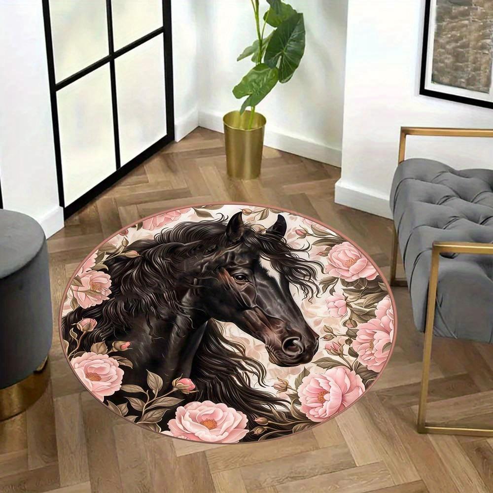 Black Horse Floral Round Rug Flancel Elegant Animal Print Floor Mat Living Room Bedroom Decor Rose Garden Soft Carpet Gift