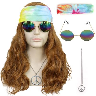 60. léta 70. léta Hippy Woodstock Cosplay Syntetické vlasy Dlouhé hnědé Hippie Kostýmový set Paruka+sluneční brýle+Náhrdelník+Čepice paruky