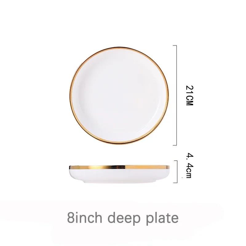 Gilt Rim White Porcelain Dinner Tray Food Dishes Rice Salad Noodles Bowl Ceramic Plates Bowls Kitchen Plates Ceramic Tableware