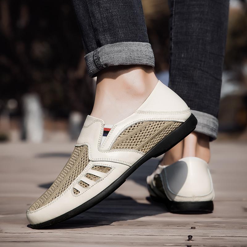 Fashion Fashion Summer Mesh Breathable Men Classic Shoes Slip on Loafers Leather Man Casual Flat Summer Driving Shoes Walking Moccasins
