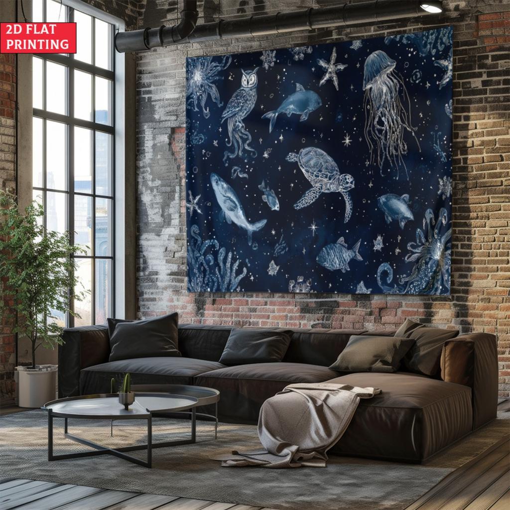 Deep Sea Space Tapestry Marine Life Owl Jellyfish Turtle Wall Hanging Boho Bedroom Decor Navy Blue Galaxy Ocean Print Aesthetic