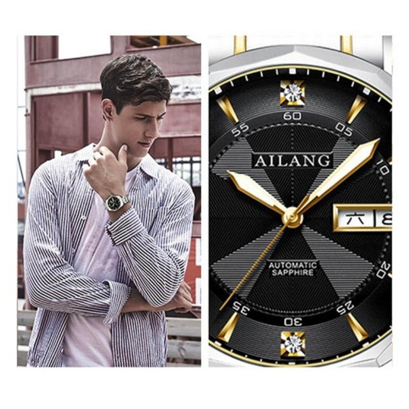 AILANG Montre mécanique entièrement automatique pour hommes Montre pour hommes Mode Double Calendrier Pierre Acier Montre étanche