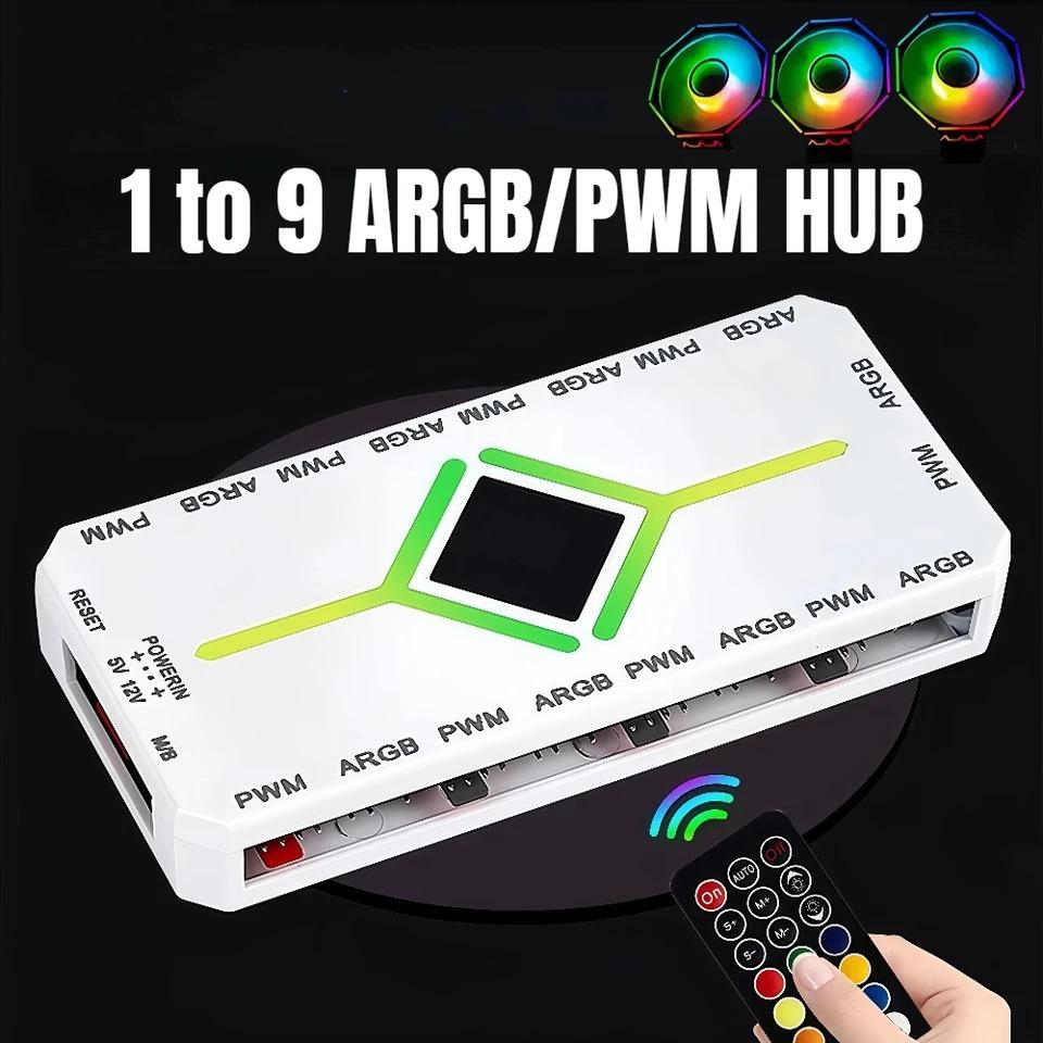 3 In 1 5V 3 Pin ARGB Controller Cooling Fan Hub 4 Pin PWM Magnetic Suction Hub PWM Fan Hub 1To9 Ports for Computer PC Case Fan