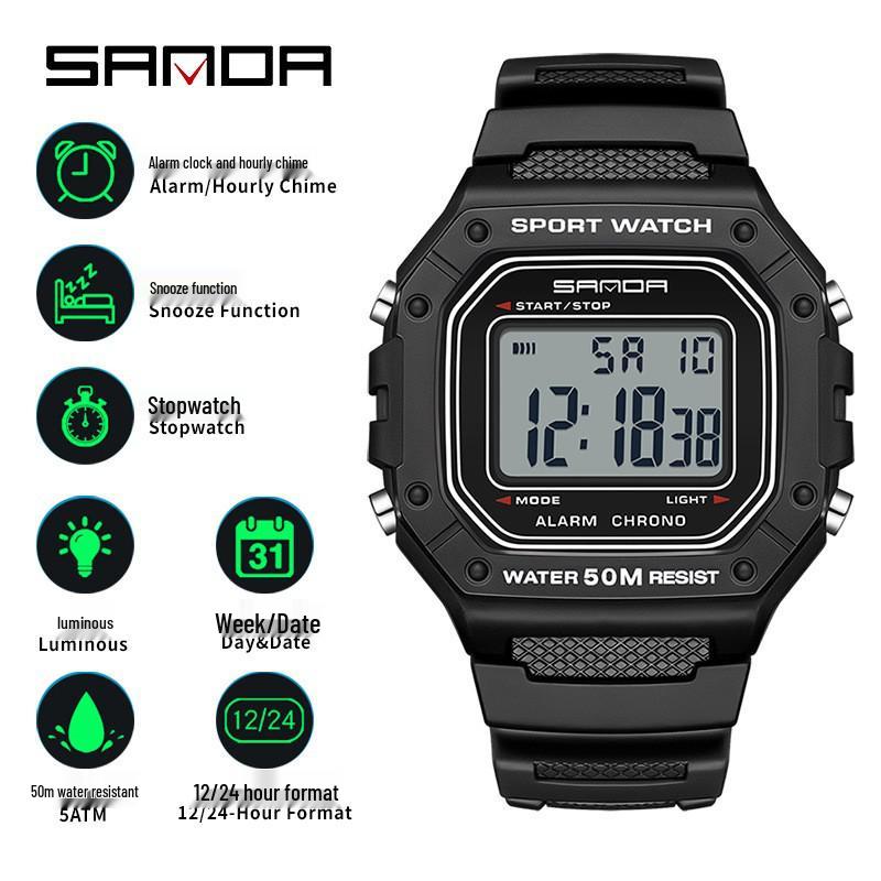 SANDA Square Multi-Function Digital Sports Watch: Waterproof, Luminous, Ideal for Students and Parties