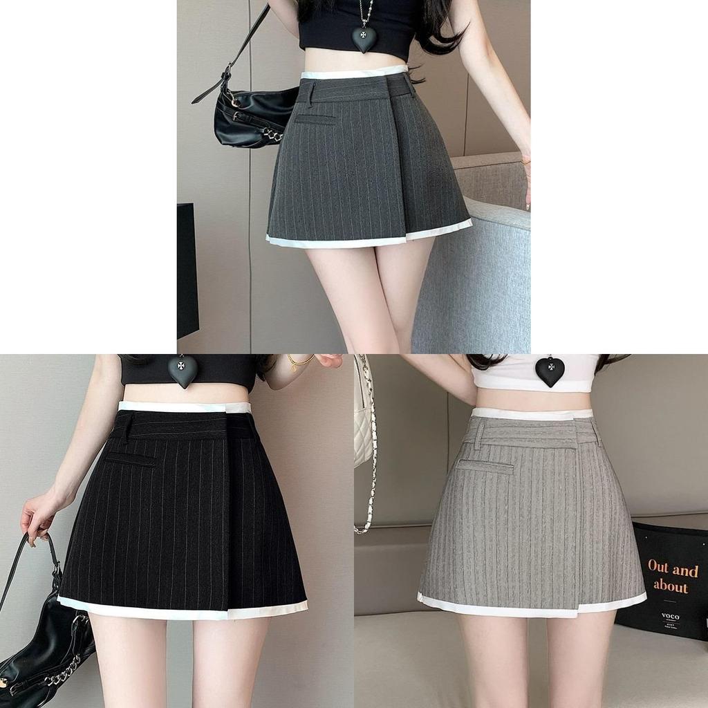 Classic Style Striped Irregular Mini Skirt With Zipper For Casual Office Wear