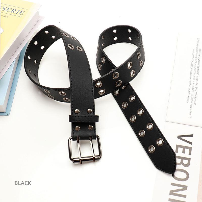 Hipster Hip Hop Double Pin Buckle Belt Men s and Women s Metal Double Row Hollow Corn Women s Belt Versatile Jeans Belt чёрный